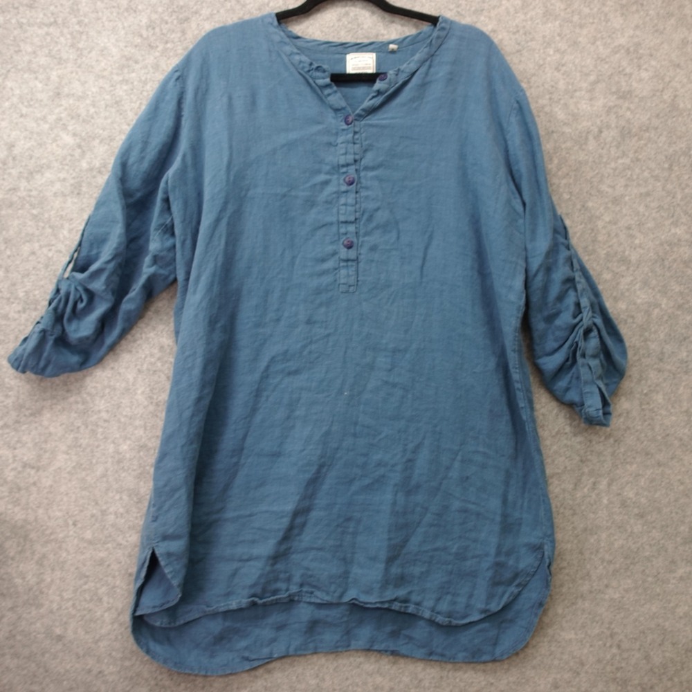 European Linen Tunic Top‎ Womens M Blue Boho Lagenlook Utility Workwear Popover